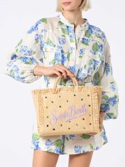 Borsa Colette in paglia beige naturale con decorazione in strass