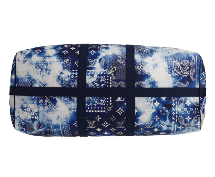 Borsa da viaggio Louis Vuitton Keepall Editions Limitées in tela monogram blu e bianca