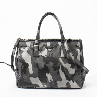 PRADA | BLACK AND GRAY CAMOUFLAGE PRINT CANVAS LIMITED EDITION SAFFIANO SOFT TOTE WITH PALLADIUM HARDWARE