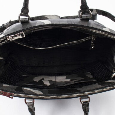 PRADA | BLACK AND GRAY CAMOUFLAGE PRINT CANVAS LIMITED EDITION SAFFIANO SOFT TOTE WITH PALLADIUM HARDWARE