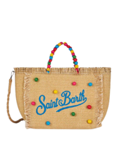 Borsa Colette in paglia beige naturale con decorazione di perline di legno