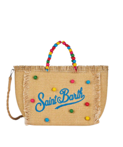 Borsa Colette in paglia beige naturale con decorazione di perline di legno