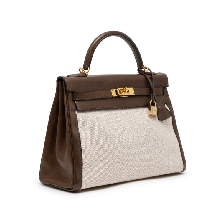 Hermès Vert Olive Barenia and Ecru Toile Retourne Kelly 32 Gold Hardware, 2002