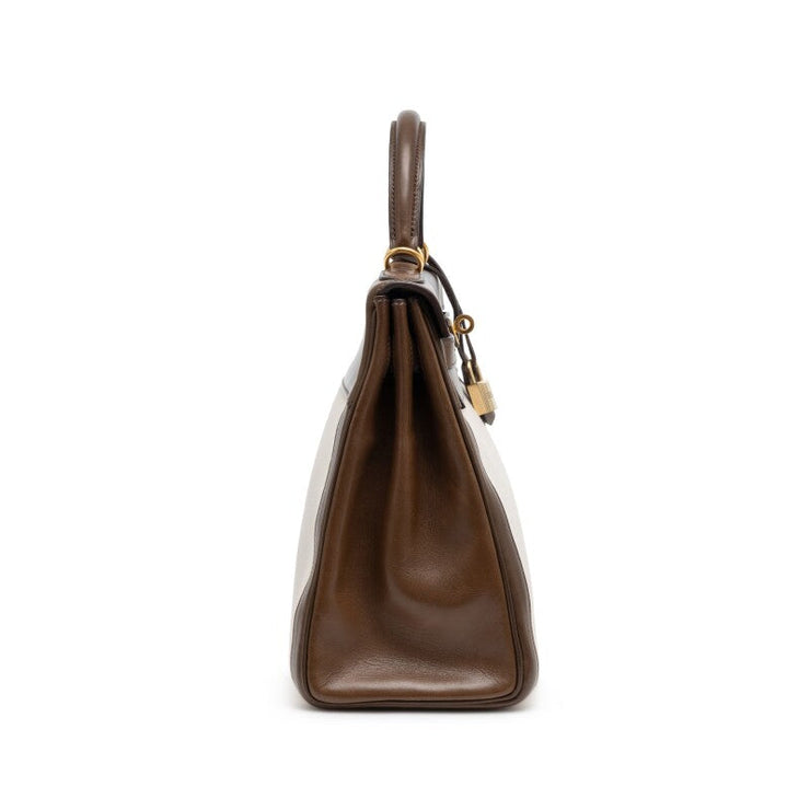 Hermès Vert Olive Barenia and Ecru Toile Retourne Kelly 32 Gold Hardware, 2002